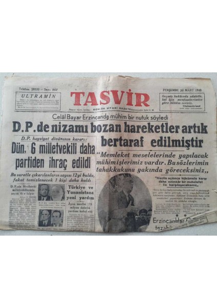 Tasvir Gazetesi - 25 Mart 1948 - Dpde Nizamı Bozan Hareketler Artık Bertaraf Edilmiştir GZ111272