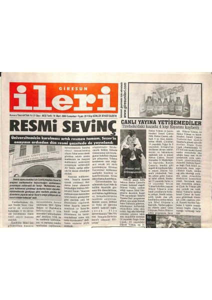Giresun Ileri Gazetesi 18 Mart 2006 - Sahil Yolu ve Demir Yolun Hakkında 2 Bakandan Umutsuz Cevaplar Geldi GZ108710