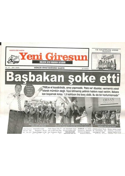 Yeni Giresun Gazetesi 19 Haziran 2006 - Başbakan Şoke Etti GZ108668