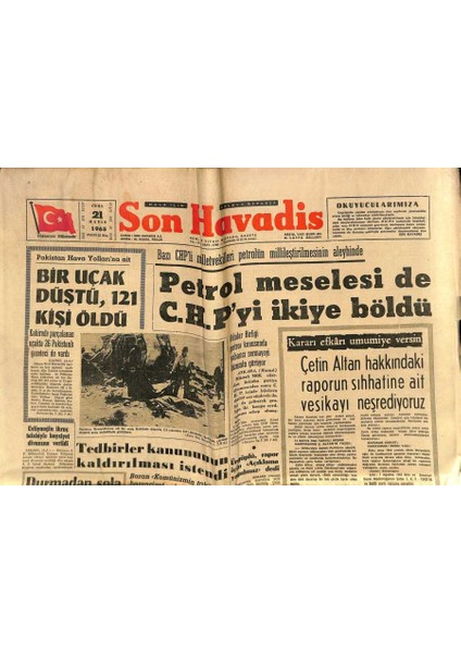 Son Havadis Gazetesi 21 Mayıs 1965 - Kıbrıs Konusunda Sovyet Tutumu Türk Görüşüne Müzahir - Petrol Meselesi De Chpyi Ikiye Böldü GZ124365