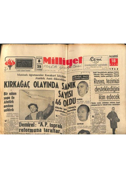 Milliyet Halk Gazetesi 18 Ocak 1965 - Almanyaya Bu Sene Daha Çok Işçi Gidecek - Kırkağaç Olayında Sanık Sayısı 46 Oldu GZ121406