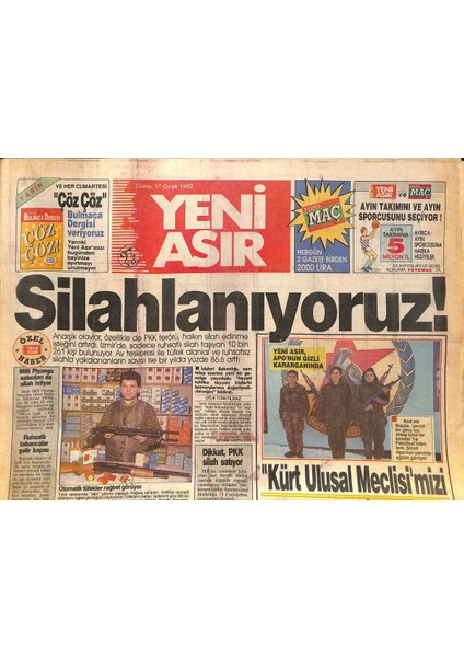 Yeni Asır Gazetesi 17 Ocak 1992 - Çakmur Direndi Uzlaşma Olmadı - Zana Ile Dicle Istifa Ettiler GZ131586