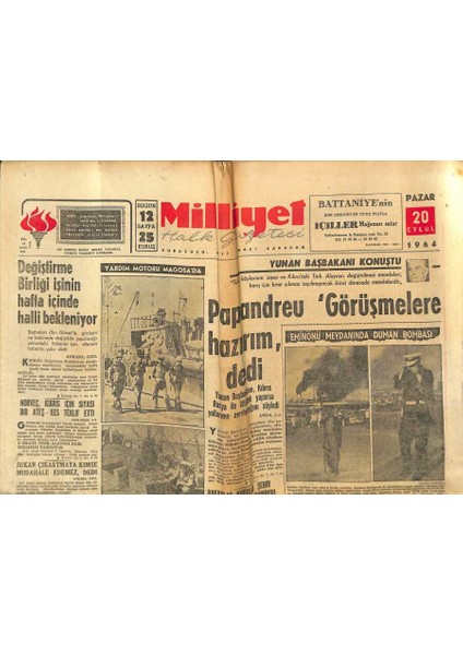 Milliyet Halk Gazetesi 20 Eylül 1964 - Papandreu Görüşmelere Hazırım Dedi - Sükan Çıkartmaya Kimse Müdahale Edemez , Dedi GZ121460