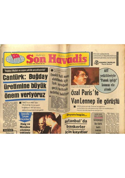 Son Havadis Gazetesi 20 Nisan 1982 - Napoli Mafiasının Lideri Hastanede Öldürüldü - Özal Pariste Van Lennep Ile Görüştü GZ121110
