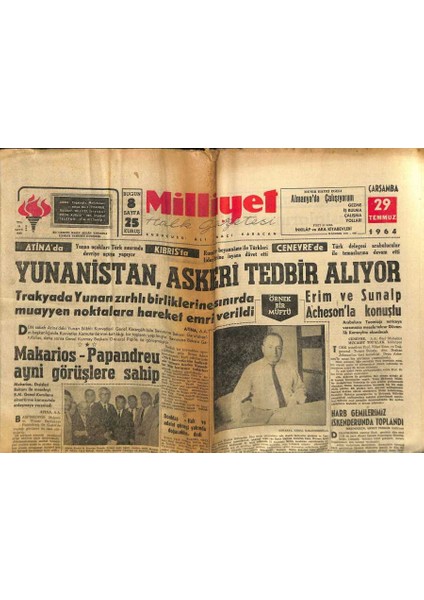 Milliyet Halk Gazetesi 29 Temmuz 1964 - Iran , 100 Bin Teneke Peynir Almak Istiyor - Yunanistan , Askeri Tedbir Alıyor GZ121427