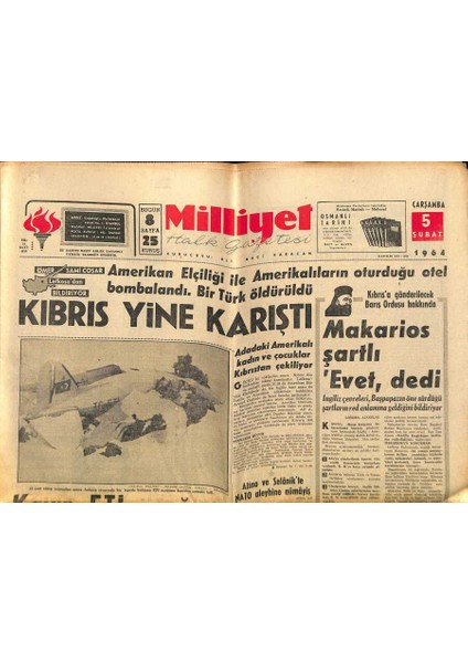 Milliyet Halk Gazetesi 5 Şubat 1964 - Kayıp Eti Uçağının Enkazı Bulundu - Kıbrıs Yine Karıştı GZ121382