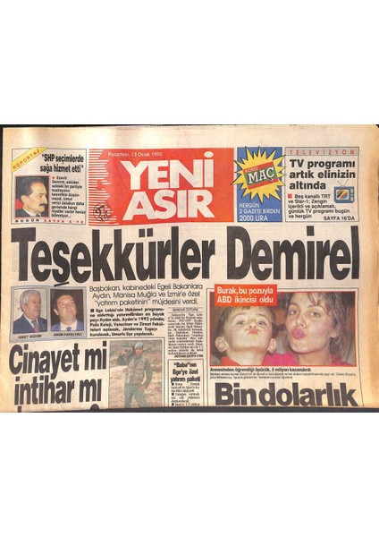 Yeni Asır Gazetesi 13 Ocak 1992 - Demirelin Ilk Yurtdışı Gezisi Davosa - Azeri Profesörler Egede Ders Verecek GZ131710