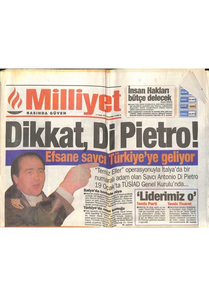 Milliyet Gazetesi 11 Ocak 1995 - Efsane Savcı Di Pietro Türkiyeye Geliyor - Rıdvan Dilmen Ihanet Etmem GZ131774