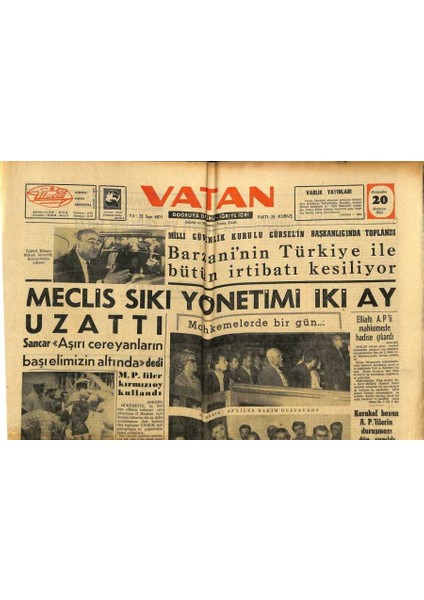 Vatan Gazetesi 20 Haziran 1963 - Barzaninin Türkiye Ile Irtibatı Kesiliyor GZ91447