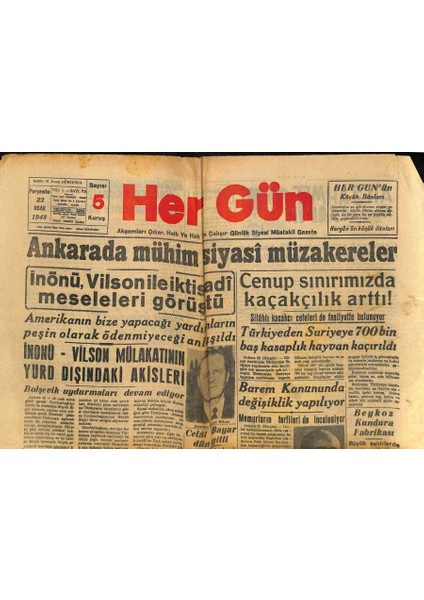 Hergün Gazetesi 22 Ocak 1948 - Barem Kanununda Değişiklik Yapılıyor - Ankarada Mühim Siyasi Müzakereler GZ93391