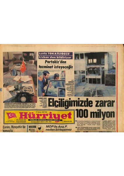 Hürriyet Gazetesi 31 Temmuz 1983 - Iranın 2. Hedefi Boru Hattı - Elçiliğimizde Zarar 100 Milyon GZ126106