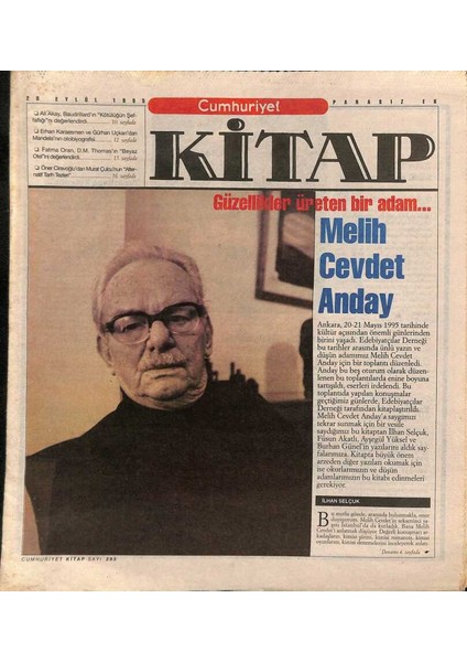 Cumhuriyet Gazetesi Kitap Eki 28 Eylül 1995 - Güzellikler Üreten Bir Adam... Melih Cevdet Anday GZ115109