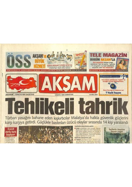 Akşam Gazetesi 8 Mayıs 1999 - Türban Yasağı, Necmettin Erbakan ve Merve Kavakçı, Sibel Can Uğursuz GZ126309