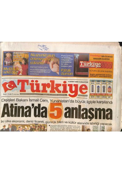 Türkiye Gazetesi 5 Şubat 2000 - Ahmet Kayaya 7.5 Yıl Hapis Istendi - Şehit Aileleri Miting Yapıyor - Atinada 5 Anlaşma Yapıldı GZ132416