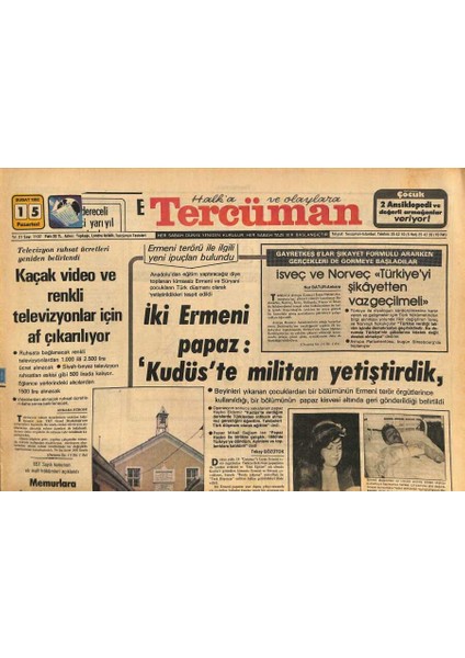 Tercüman Gazetesi 15 Şubat 1982 - Kupa Fenerbahçenin - Iki Ermeni Papaz Kudüste Militan Yetiştirdik GZ126191