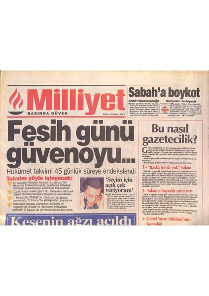 Milliyet Gazetesi 24 Ekim 1995 - Galatasaray Ders Alsın - Hükümet Takvimi 45 Günlük Süreye Endekslendi GZ132589