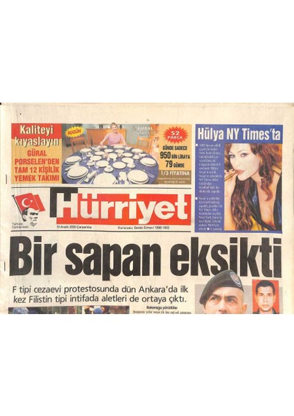 Hürriyet Gazetesi 13 Aralık 2000 - Hülya Avşar New York Timesda, F Tipi Cezaevi Protestosu, Mhp Zafer Mutludan Özür Dileyecek GZ126493