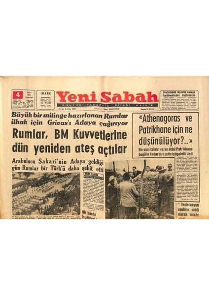 Yeni Sabah Gazetesi 4 Nisan 1964 - Brezilyada Komünist Memurlar Temizleniyor - Rumlar , Bm Kuvvetlerine Dün Yeniden Ateş Açtılar GZ124193