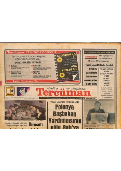 Tercüman Gazetesi 4 Ocak 1982 - Prens Faysal Israili Tanırız Dedi, Malkoçoğlu Çizgi Romanı, Fenerbahçe1 Trabzon1 GZ126421