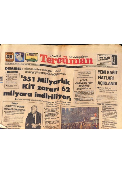 Tercüman Gazetesi 30 Ocak 1980 - Lennep, Türkiyeye Yardım Yapmaya Hazırız - Muşta 3 Kişi Daha Donarak Öldü, Isı Daha Da Çok Düşecek GZ132474