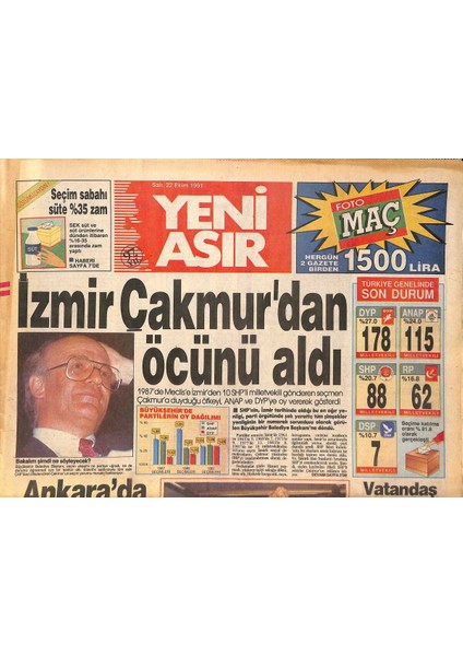 Yeni Asır Gazetesi 22 Ekim 1991 - Izmir Çakmurdan Öcünü Aldı - Dyp Anapı Ortak Istiyor GZ131494