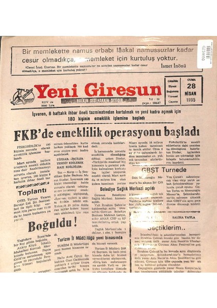 Yeşil Giresun Gazetesi 28 Nisan 1995 - Ilk Hac Kafilesi Yola Çıktı - Emeklilik Operasyonları Başladı GZ132711
