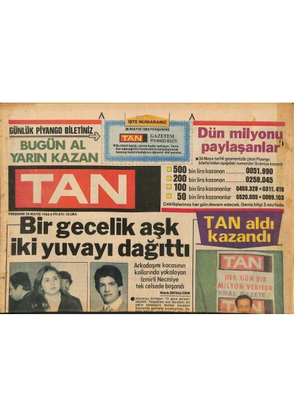 Tan Gazetesi 26 Mayıs 1983-TÜRKAN Şoray 20 Yıldır Kafeste Yaşıyor-Azize Gencebay,eski Kocası Orhan Gencebayı Kaptırdığı Sevim Emreyi Eliyle Besledi GZ127128