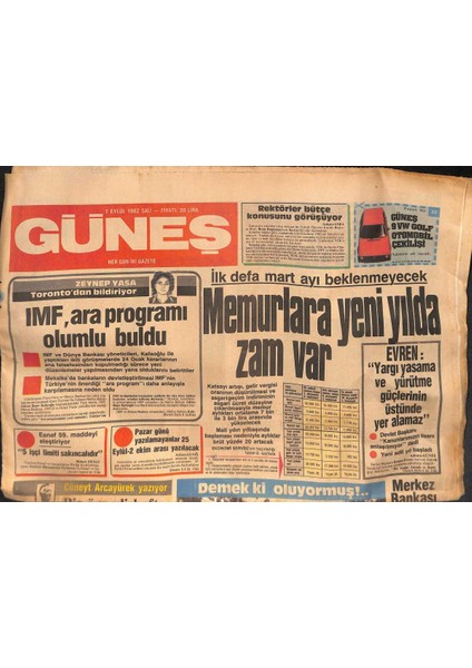 Güneş Gazetesi 7 Eylül 1982 -Işte Makyajsız Türkan Şoray - Ibrahim Tatlıses Boş Zamanlarını Ata Binerek Değerlendiriyor - Bülent Ecevit 87 Gün Hapis GZ132366