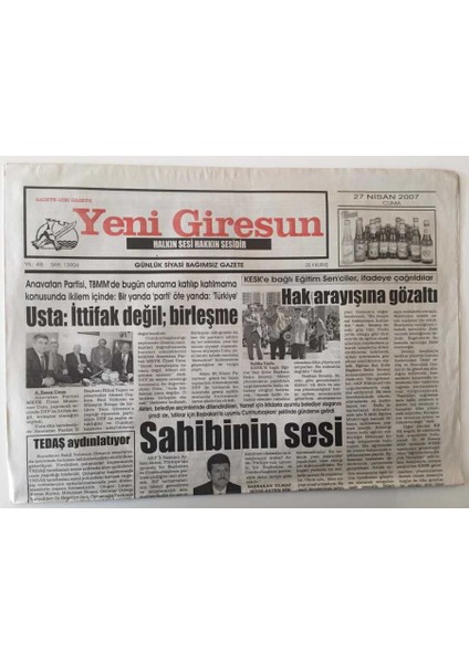 Yeni Giresun Gazetesi 27 Nisan 2007 - Usta Ittifak Değil Birleşme GZ28768