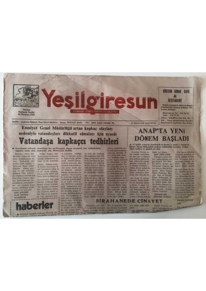 Yeşil Giresun Gazetesi 27 Nisan 2002 - Vatandaşa Kapkaçcı Tedbirleri GZ28964