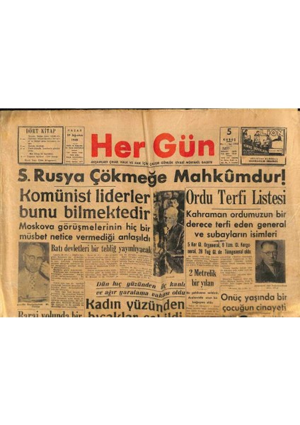 Hergün Gazetesi 29 Ağustos 1948 - Koca Yusuf Kemeri * Bugün Inönü Stadyumunda Büyük Yağlı Güreşler Yapılıyor GZ93383