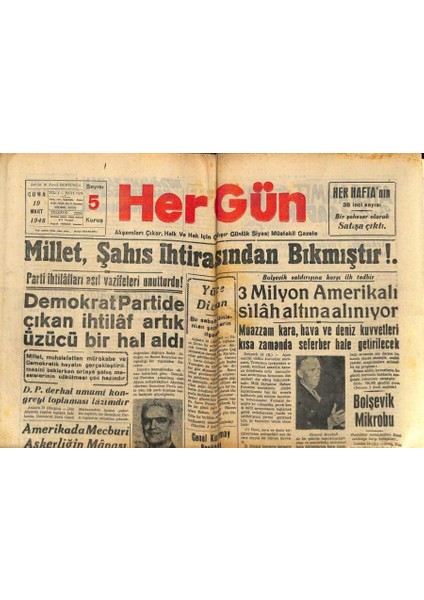 Hergün Gazetesi 19 Mart 1948 - Demokrat Partide Çıkan Ihtilaf Artık Üzücü Bir Hal Aldı GZ93392