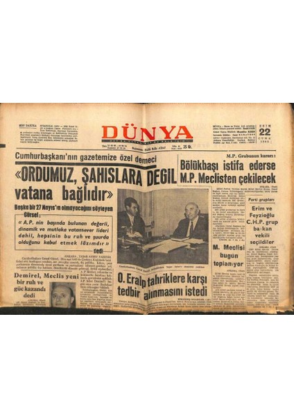 Dünya Gazetesi - 22 Ekim 1965 - Ordumuz Sahıslara Değil Vatana Bağlıdır GZ110994