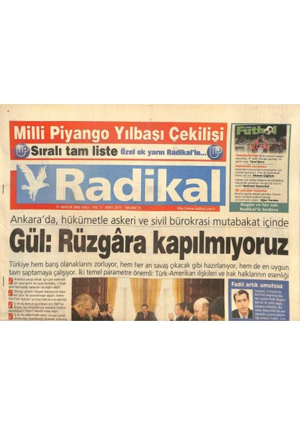 Radikal Gazetesi 31 Aralık 2002 - Schröder Magazine Malzeme Oluyor - Abdullah Gül Rüzgara Kapılmıyoruz GZ127114