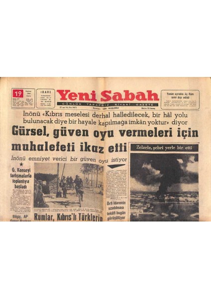 Yeni Sabah Gazetesi 19 Haziran 1964 - Katangada Çıkan Olaylarda 2 Bin Kişi Can Verdi - Inönü Emniyet Verici Bir Güven Oyu Istiyor GZ124050