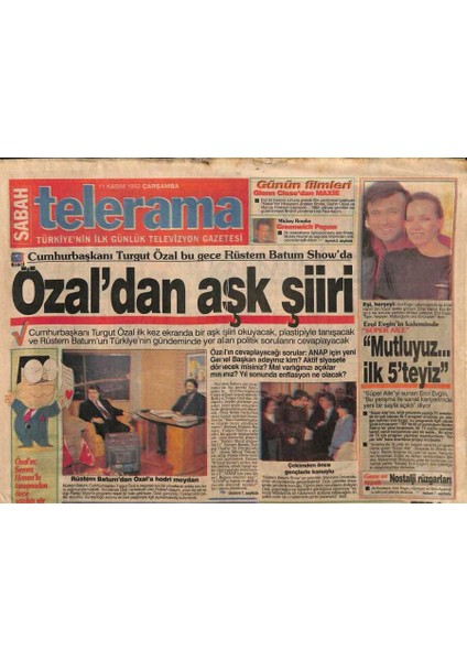 Sabah Gazetesi Telerama Eki 11 Kasım 1992 - Cumhurbaşkanı Turgut Özal Bu Gece Rüstem Batum Showda GZ93593