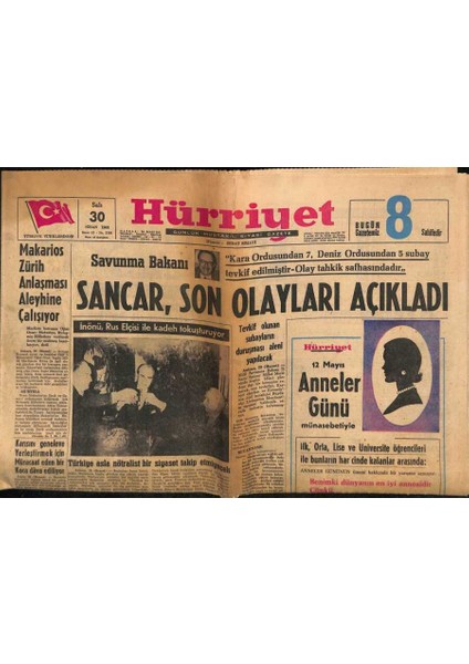 Hürriyet Gazetesi 30 Nisan 1963 - Makarios Zürih Anlaşması Aleyhine Çalışıyor GZ91630