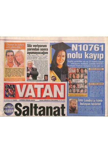 Vatan Gazetesi 10 Temmuz 2005 - M. Ali Erbille Başlayan Yurt Dışında Evlenip , Türkiyede Düğün Yapma Modasına Deniz Seki De Uyuyor GZ93681