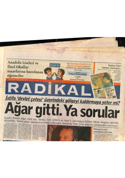 Radikal Gazetesi 9 Kasım 1996 - Baykala Suikast Girişimi - Gladio Italyada Kirli Savaş GZ115156