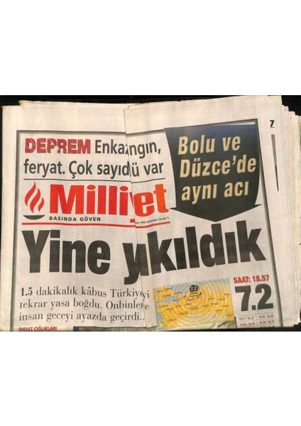 Milliyet Gazetesi 13 Kasım 1999 - 1.5 Dakikalık Kabus Türkiyeyi Tekrar Yasa Boğdu . Onbinlerce Insan Geceyi Ayazda Geçirdi... GZ96758