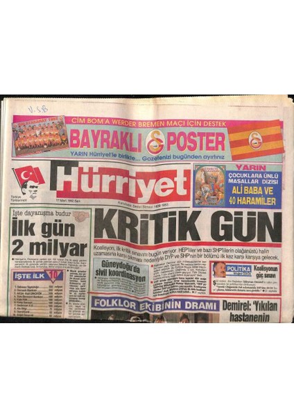 Hürriyet Gazetesi 17 Mart 1992 - Emlak Bankasına 500 Milyarlık Soruşturma - Ermeniler Karabağa Hava Köprüsü Kurdu GZ93498