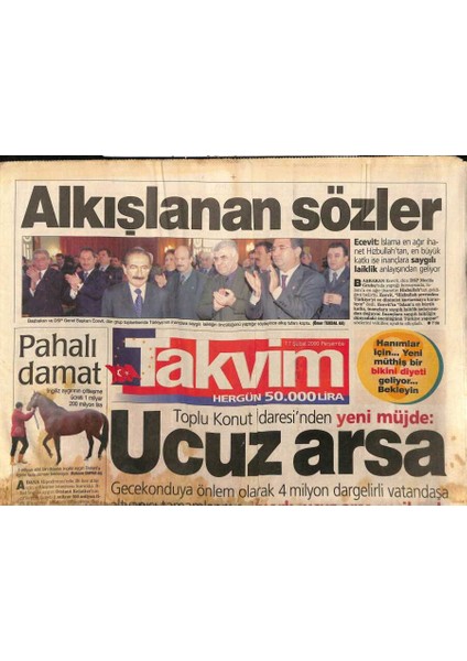 Takvim Gazetesi 17 Şubat 2000 - Hülya Avşarın Hasılatı Depremzedelere - Alaattin Çakıcı Saçlarını Boyattı GZ96428