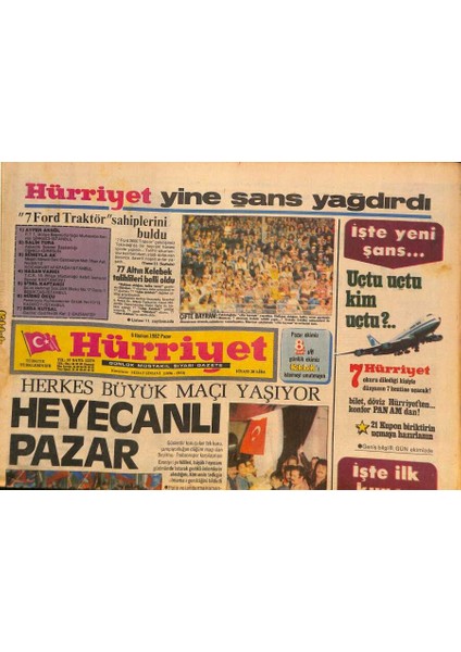 Hürriyet Gazetesi 6 Haziran 1982 - Beşiktaş Trabzonspor Büyük Maçı, Katya Berger , Ispanya 82 Ekibi GZ126403