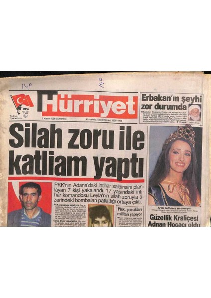 Hürriyet Gazetesi 2 Kasım 1996 - Tarkanla Mustafa Sandal Fena Kapıştılar - Güzellik Kraliçesi Pınar Tezcan , Adnan Hocacı Oldu GZ96826