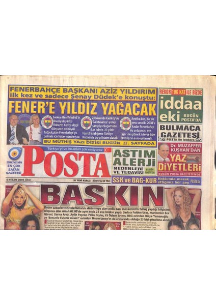 Posta Gazetesi 4 Nisan 2006 - Hülya Avşar Gelirini Sakladı - Fenere Yıldız Yağacak GZ119439