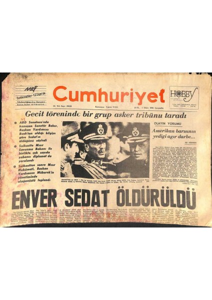 Cumhuriyet Gazetesi 7 Ekim 1981 - Mısır Devlet Başkanı Enver Sedat Öldürüldü GZ119468