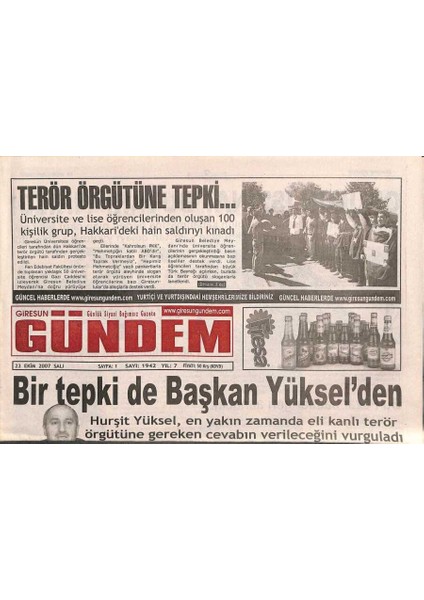 Giresun Gündem Gazetesi 23 Ekim 2007 - Hurşit Yüksel , En Yakın Zamanda Eli Kanlı Terör Örgütüne Gereken Cevabın Verileceğini Vurguladı GZ96312