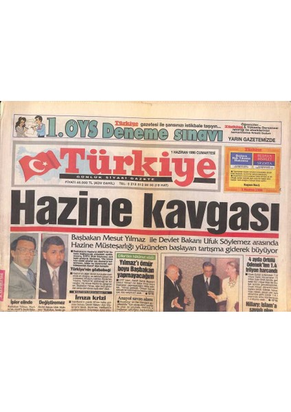 Türkiye Gazetesi 1 Haziran 1996 - Israilde Netenyahu Başbakan Oldu - Trabzonspora Abdullah Şoku ! GZ119446