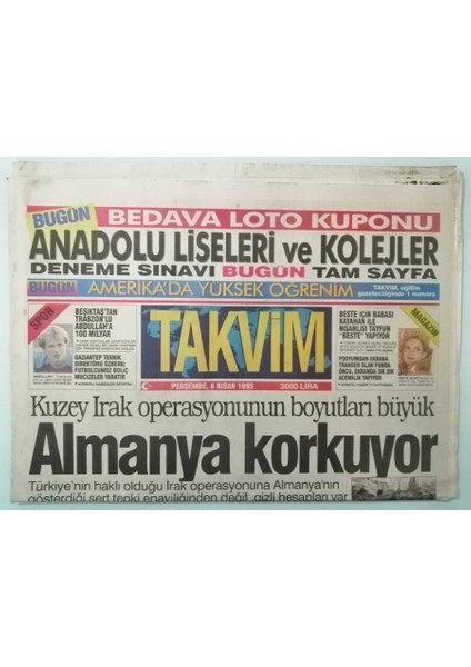Takvim Gazetesi 6 Nisan 1995 Kayahan Kızıyla Tayfun Nişanlısıyla Gurur Duyuyor -GZ14692
