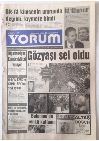 Ordu Yorum Gazetesi 26 Nisan 2007 - Gözyaşı Sel Oldu, Ünal, Gül Hayırlı Olsun GZ23261